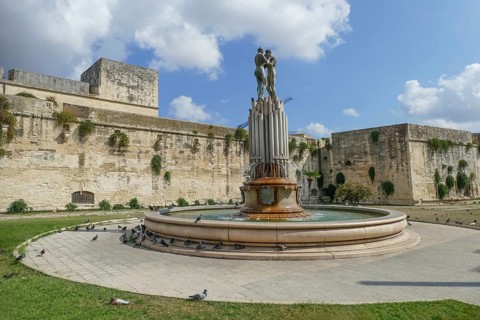 Waterspout fountain at the Convent of Saint Francis of Paola in Lecce, a city in Apulia, Italy