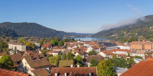 Aerial view of Gerardmer, a commune in the Vosges department in Grand Est in northeastern France