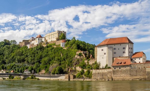 Sunny waterside scenery in Passau, a town in southern Germany at summer time