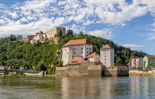 Sunny waterside scenery in Passau, a town in southern Germany at summer time