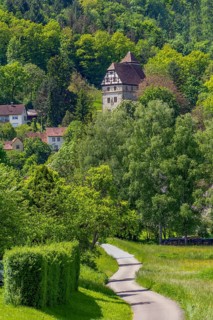Sunny scenery including a small castle around Buchenbach in Hohenlohe, Germany