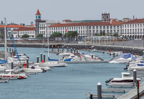 City view with harbor at Ponta Delgada, capital city of the Azores at Sao Miguel Island, the