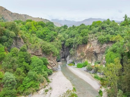 High angle scenery at the entrance of the Alcantara Gorges in Sicily, Italy