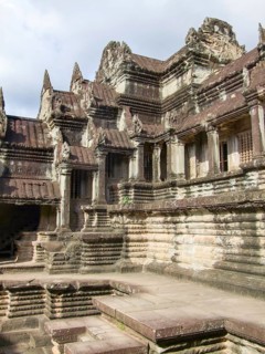 Part of a temple complex named Angkor Wat in Cambodia