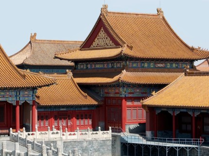 Sunny iluminated architectural scenery inside the Forbidden City in Beijing China. The Forbidden