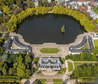 Aerial view, Benrath Castle with castle park and castle pond, Benrath, Düsseldorf, Ruhr area, North