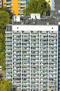 Aerial view, high-rise housing estate Fürstenberger Straße, balconies, shapes and colours, Hassels,