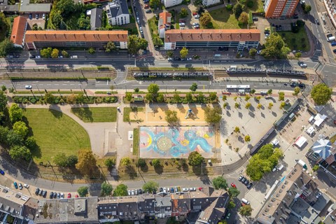 Aerial view, playground Kamper Acker, tram stop, Holthausen, Düsseldorf, Ruhr area, North