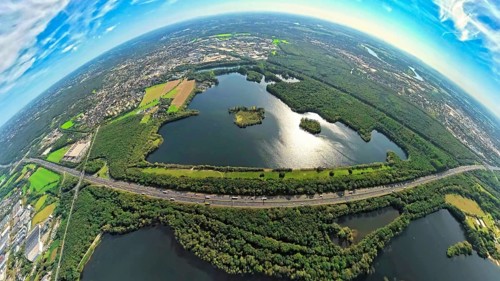 Aerial photo, Elbsee and Unterbacher See with forest area, motorway A46 at Hasseler Forst, earth