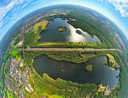 Aerial photo, Elbsee and Unterbacher See with forest area, motorway A46 at Hasseler Forst, earth