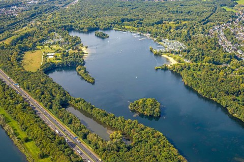 Aerial view, Unterbacher See with lido and campsite, sunny island, motorway A46, Unterbach,