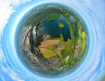Aerial photo, Elbsee and Unterbacher See with forest area, motorway A46 at Hasseler Forst, earth