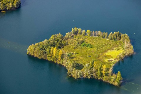 Aerial view, Elbsee Island, Unterbach, Düsseldorf, Ruhr area, North Rhine-Westphalia, Germany,