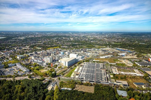 Aerial view, Henkel chemical plant area, commercial area, The Tube logistics park and business park