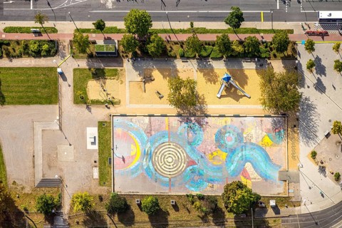 Aerial view, playground Kamper Acker, Holthausen, Düsseldorf, Ruhr area, North Rhine-Westphalia,