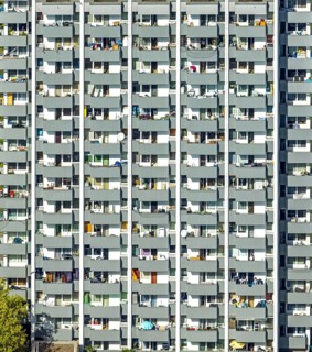 Aerial view, high-rise housing estate Fürstenberger Straße, balconies, shapes and colours, Hassels,