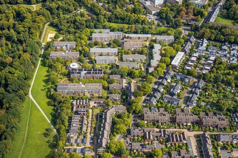 Aerial view, senior citizens' residence Haus palace gardens and terraced rental houses