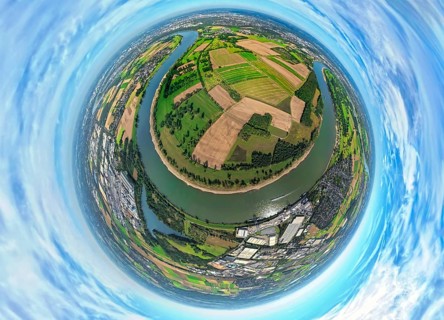 Aerial view, Himmelgeister Rheinbogen nature reserve, agricultural areas, river Rhine, earth globe,