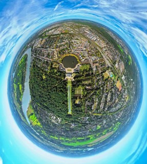 Aerial view, Benrath Castle with castle park and castle pond, globe, fisheye image, 360 degree