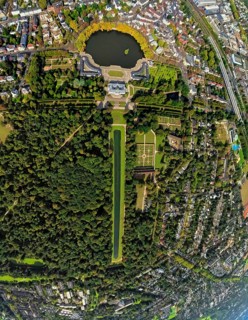 Aerial view, Benrath Castle with castle park and castle pond, globe, fisheye image, 360 degree