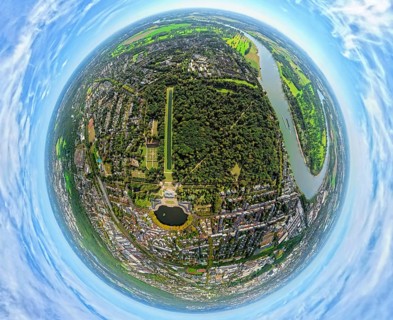 Aerial view, Benrath Castle with castle park and castle pond, globe, fisheye image, 360 degree