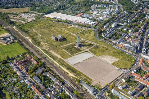 Aerial view, glassmaking quarter, historical sight of a former colliery, construction site with new