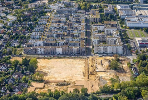 Aerial view, construction site and new building, residential area Grafental, Hohenzollernallee,