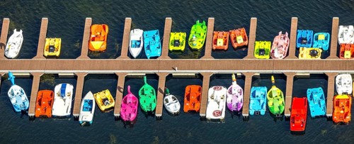 Aerial view, sailing boats at a jetty on the Unterbacher See at the campsite north, Unterbach,