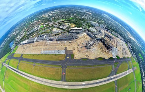 Aerial view, DUS Airport Düsseldorf with reception building and commercial area DUS Airport-City,