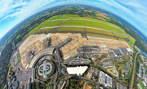 Aerial photo, DUS Airport Düsseldorf with reception building, globe, fisheye image, fisheye image,