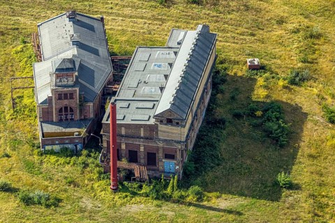 Aerial view, glassmaker's quarter, old buildings and historical sight of a former colliery,