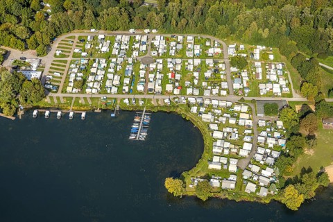 Aerial view, camping site at Unterbacher See, Unterbach, Düsseldorf, Ruhr area, North