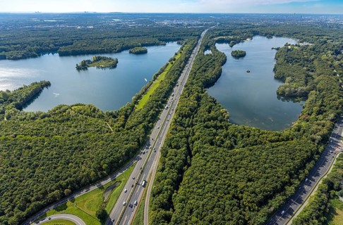 Aerial view, Elbsee with Elbsee island and Unterbacher See with Sonneninsel, motorway A46,