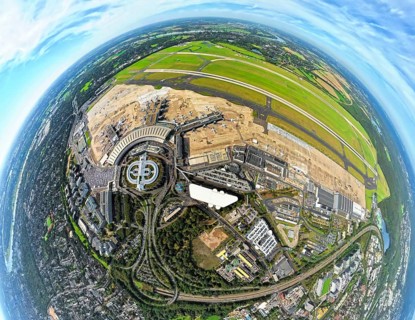 Aerial view, DUS Airport Düsseldorf with reception building and commercial area DUS Airport-City,