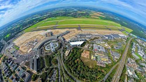 Aerial view, DUS Airport Düsseldorf with reception building and commercial area DUS Airport-City,