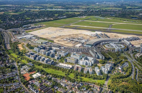 Aerial view, DUS Airport Düsseldorf with terminal building and apron, commercial area DUS