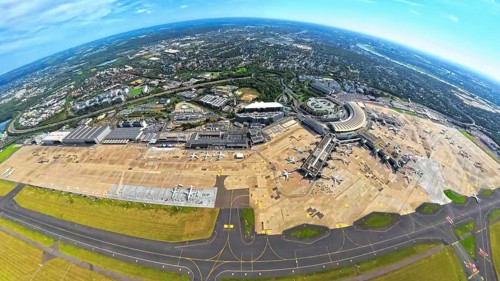 Aerial view, DUS Airport Düsseldorf with reception building and commercial area DUS Airport-City,