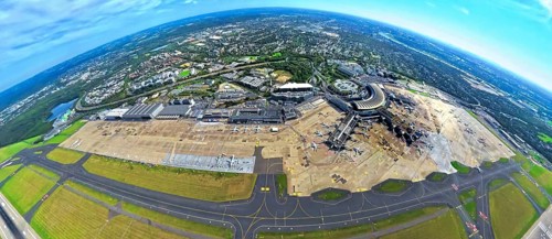 Aerial view, DUS Airport Düsseldorf with reception building and commercial area DUS Airport-City,