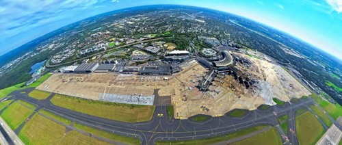 Aerial view, DUS Airport Düsseldorf with reception building and commercial area DUS Airport-City,