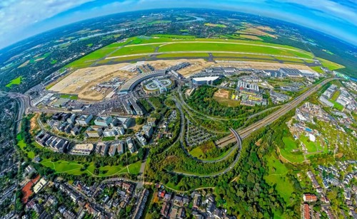Aerial view, DUS Airport Düsseldorf with reception building and commercial area DUS Airport-City,