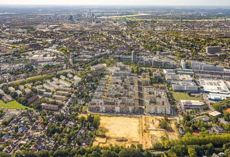 Aerial view, construction site and new residential quarter Grafental, Hohenzollernallee, behind it