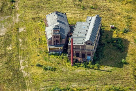 Aerial view, glassmaker's quarter, old buildings and historical sight of a former colliery,