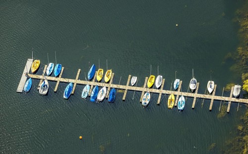 Aerial view, sailing boats at a jetty on the Unterbacher See at the campsite north, Unterbach,