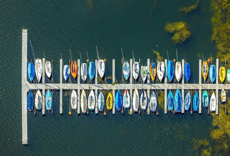 Aerial view, sailing boats at a jetty on the Unterbacher See at the campsite north, Unterbach,