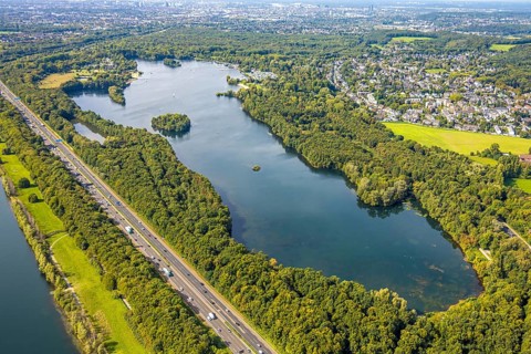 Aerial view, Unterbacher See with lido and campsite, sunny island, motorway A46, Unterbach,