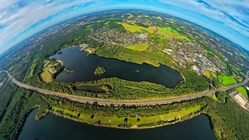 Aerial photo, Elbsee and Unterbacher See with forest area, motorway A46 at Hasseler Forst, earth