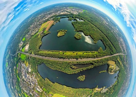 Aerial photo, Elbsee and Unterbacher See with forest area, motorway A46 at Hasseler Forst, earth