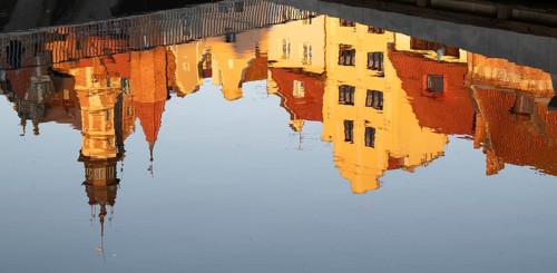 Waterfront promenade with reflection at sunrise in the Old Town, Motlawa River, Gdansk, Gdansk,