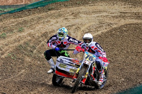 Motocross, Rudersberg, Baden-Württemberg, Germany, Europe, Rider with sidecar riding through an