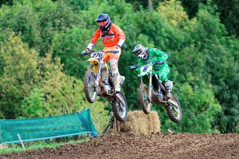 Motocross, Rudersberg, Baden-Württemberg, Germany, Europe, Two motocross riders jump over a ramp in